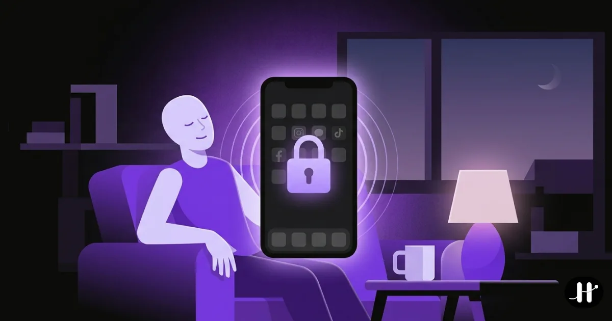 A person pausing on a couch to take a calm breath, phone in hand glowing violet with a padlock over dimmed social apps