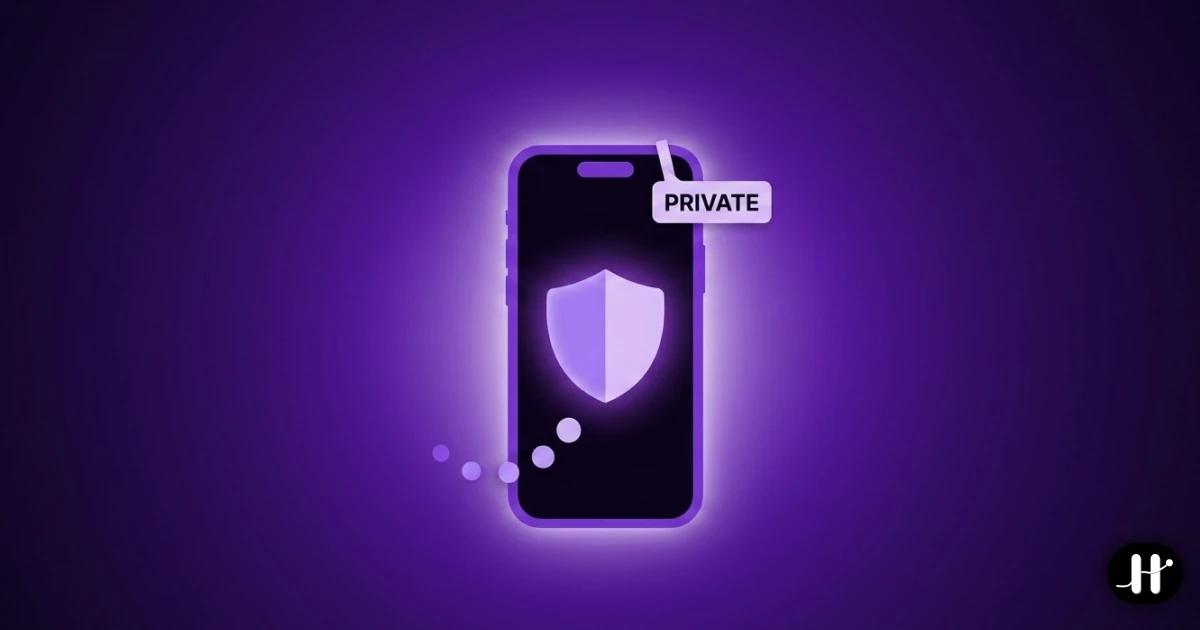 Smartphone with a glowing shield on screen and a data trail fading out before it leaves the device, tagged PRIVATE