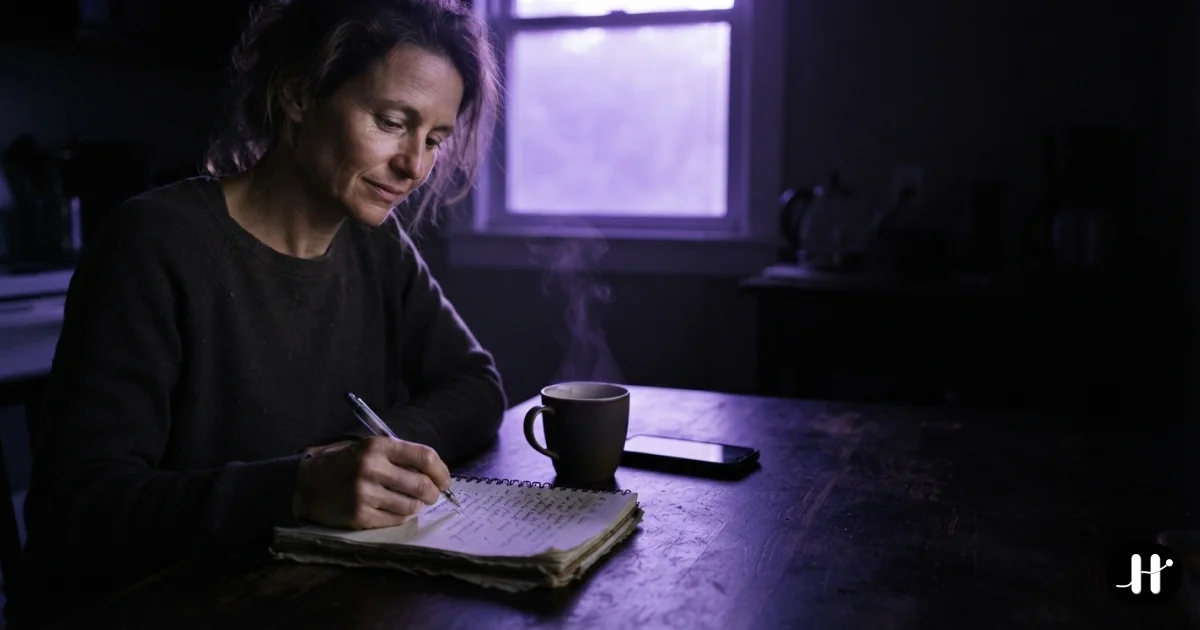 A woman at a kitchen table at dawn ticking off a handwritten habit list while her phone lies face down beside a mug