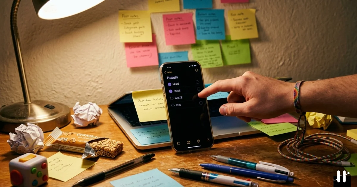 iPhone showing a colorful daily habit checklist with each completed habit triggering a small celebratory animation, illustrating the dopamine-friendly design for ADHD users