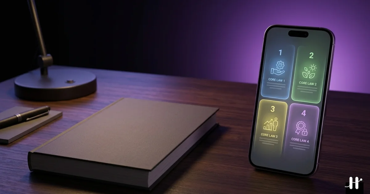 iPhone showing a habit checklist beside a copy of James Clear's Atomic Habits book, with four colored sections indicating the four laws of behavior change applied to app design