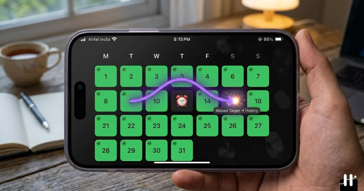 iPhone habit tracker showing a calendar with one red missed day among many green completed days, with a purple arrow indicating continued progress beyond the break