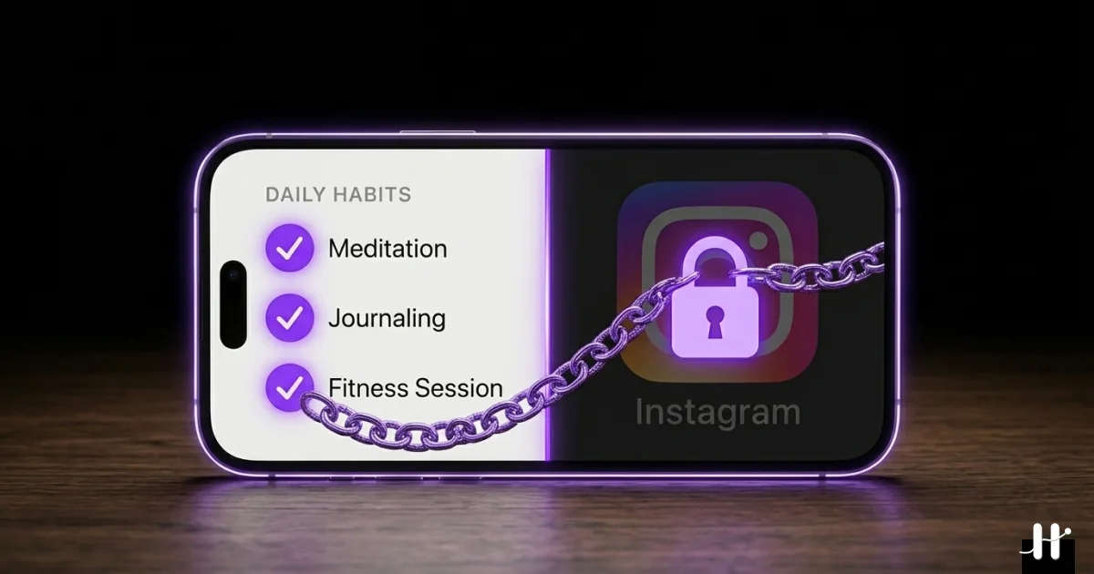 Split-screen iPhone illustration showing a habit checklist on the left half and a locked Instagram icon on the right half, with a purple chain connecting them across the divider