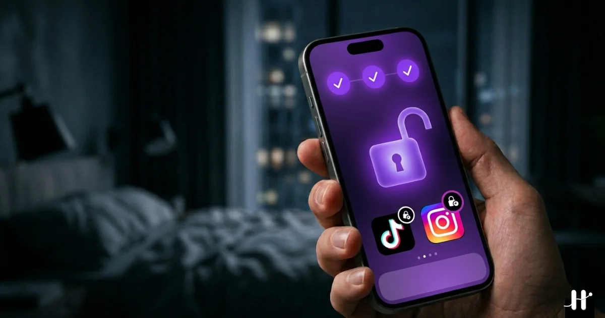 Hand holding iPhone showing a daily habit checklist with three completed items, a purple unlock badge animating across Instagram and TikTok icons on the home screen behind it