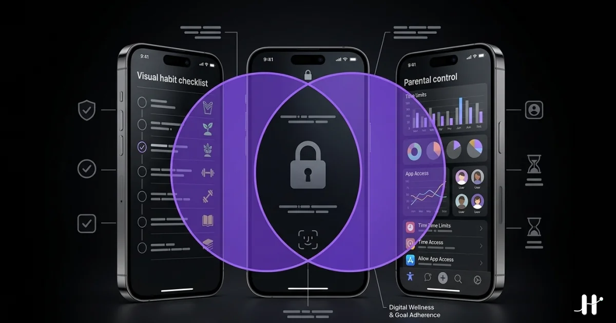 Side-by-side iPhone screens labeled habit tracker, app blocker, and earn-screen-time, with a purple Venn-diagram overlap highlighting the combined category