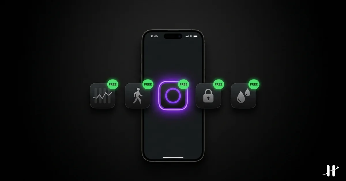 iPhone home screen displaying five habit tracker app icons each marked with a green free badge, illustrating the range of free tier options for habit tracking in 2026