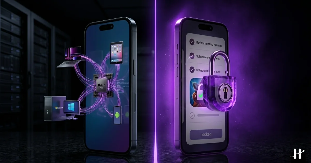 Two iPhones side by side, one showing Freedom's multi-device sync interface across iOS/Mac/Windows, the other showing Habit Doom's habit-locked iOS app blocker screen