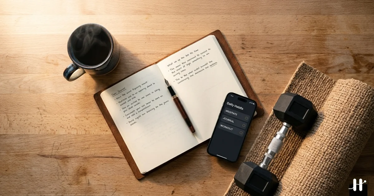 iPhone showing a morning routine flowing from coffee to journaling to workout, with each habit visually linking to the next in a purple chain