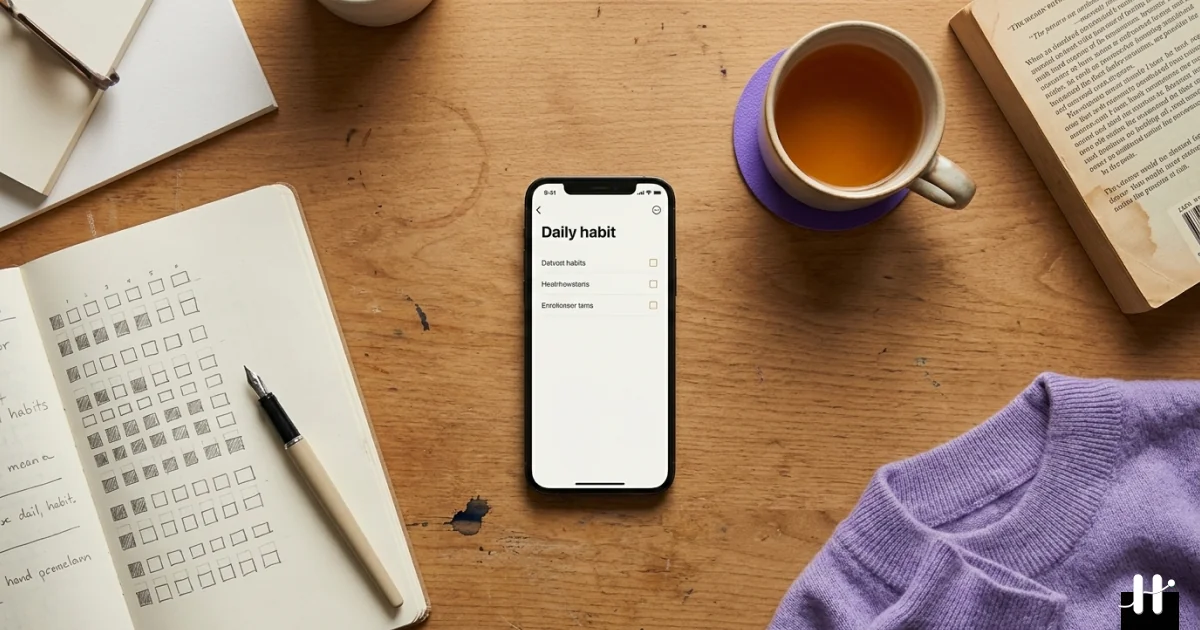 Seven iPhone habit tracker apps fanned out on a wooden desk beside a notebook and pen, showing Streaks, Habit Doom, Habitica, Way of Life, Done, Productive, and Strides home screens