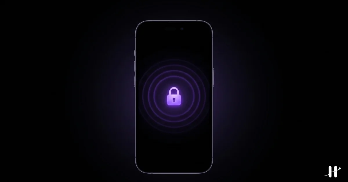 Minimalist iPhone home screen with a single purple padlock icon on a clean black background, evoking simplicity and low-ceremony interface design