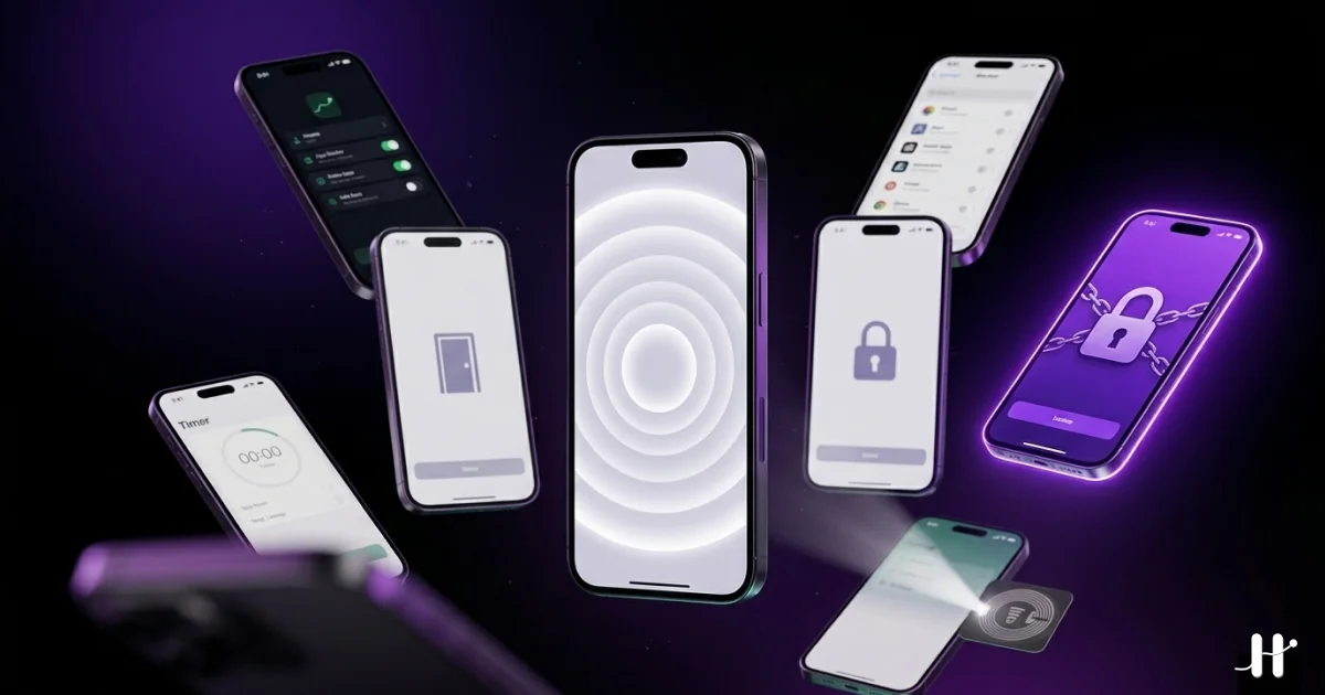 iPhone home screen with the One Sec breathing-pause icon next to four alternative app blocker icons, illustrating different escalation paths from friction to enforcement