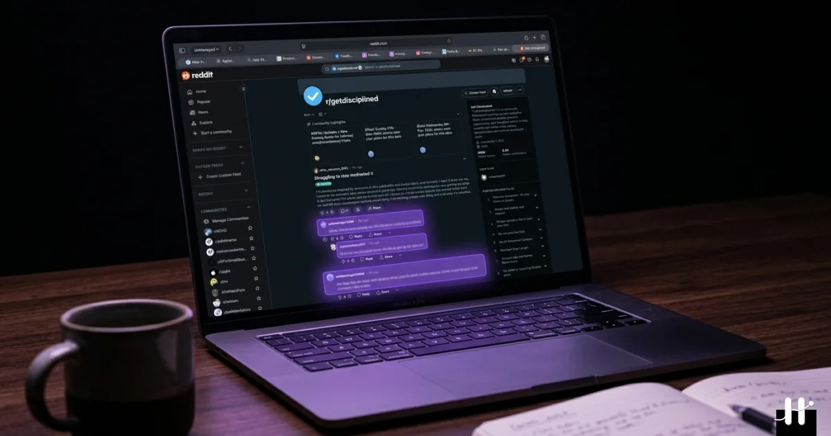 Laptop screen displaying a stack of Reddit threads from r/getdisciplined and r/productivity about screen time apps, with the highest-upvoted comments highlighted in purple
