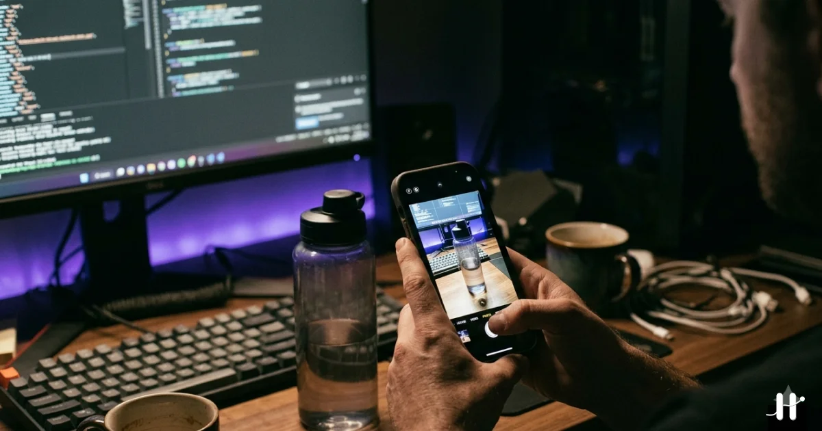 iPhone processing a photo locally through a neural network visualization, with no data leaving the device