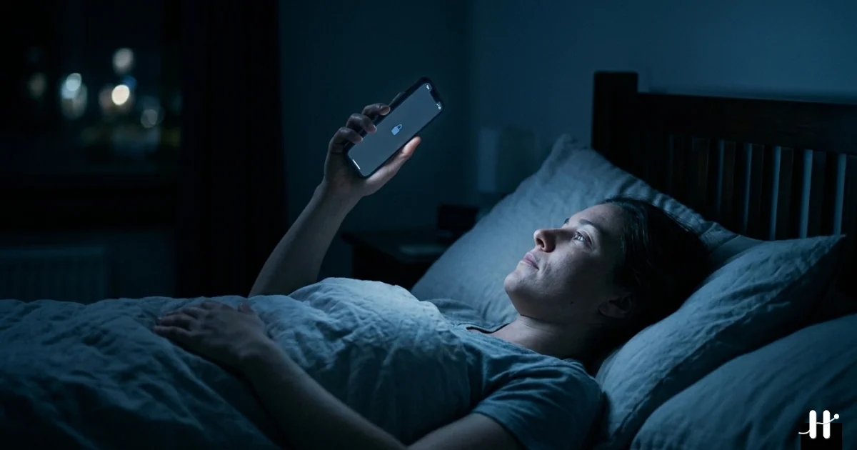 Hand reaching toward an iPhone showing TikTok, with a translucent purple lock overlay interrupting the unconscious reach