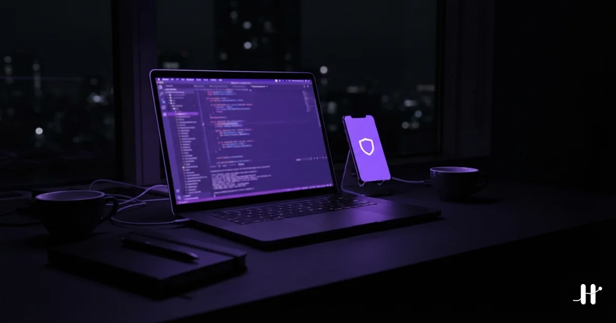 A developer's desk at night with a laptop showing code and an iPhone displaying a violet shield
