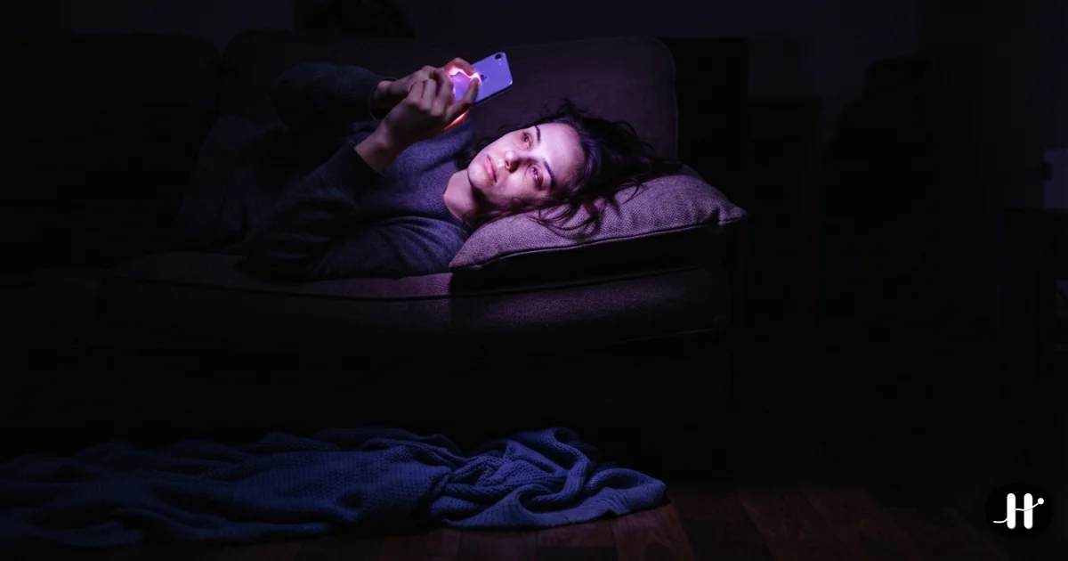 A woman lying on a sofa in a dark room holding her phone above her face mid-scroll