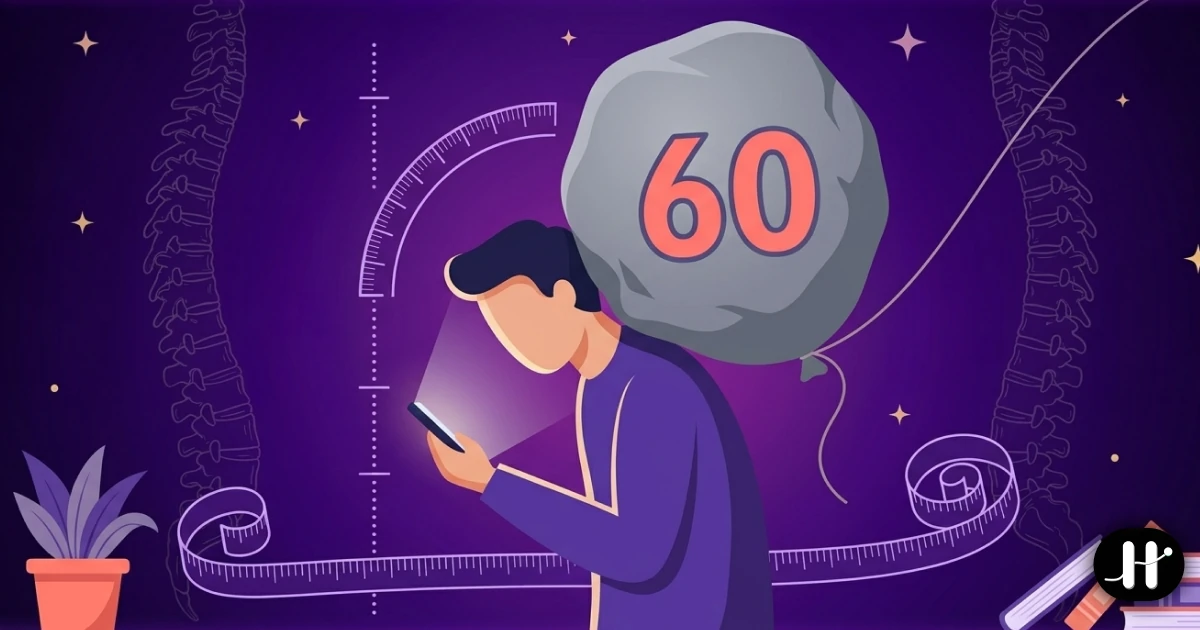 A person hunched over a phone with a boulder marked 60 behind their neck, revealed by its knot and string to be a floating balloon, surrounded by protractor and tape measure diagram lines