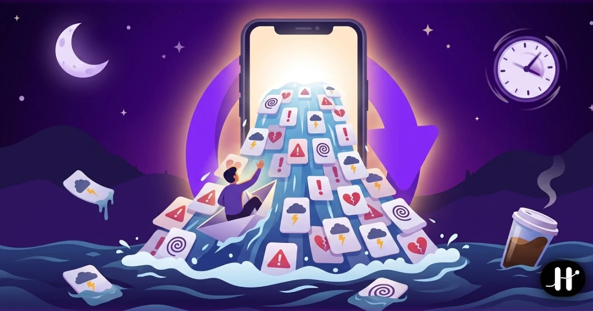A person in a small paper boat riding a waterfall of glowing notification cards pouring out of a giant smartphone at night