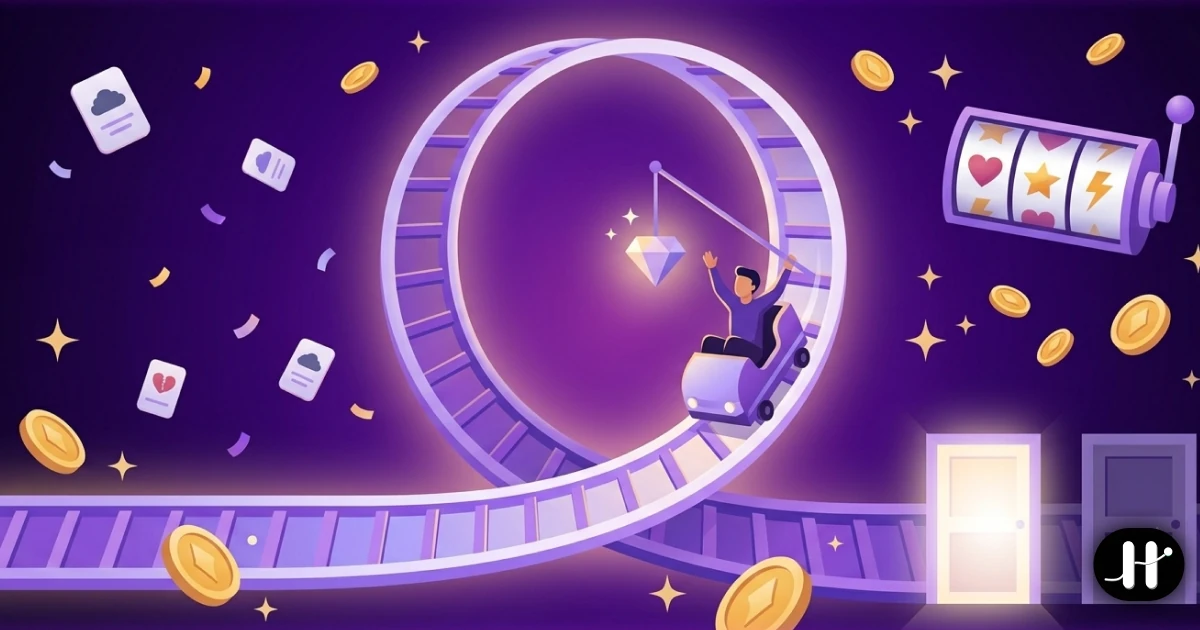 A person riding a cart around a rollercoaster loop chasing a dangling diamond just out of reach, surrounded by slot machine reels, coins and two doors