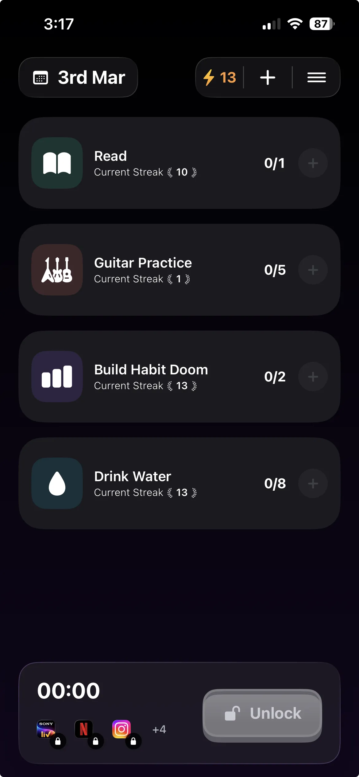 Habit Doom home screen showing daily habits waiting to be completed