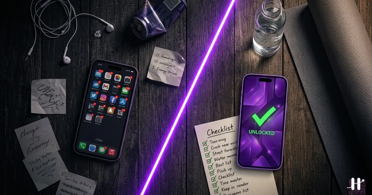 Overhead view of organized desk versus chaotic phone screen, split by purple dividing line