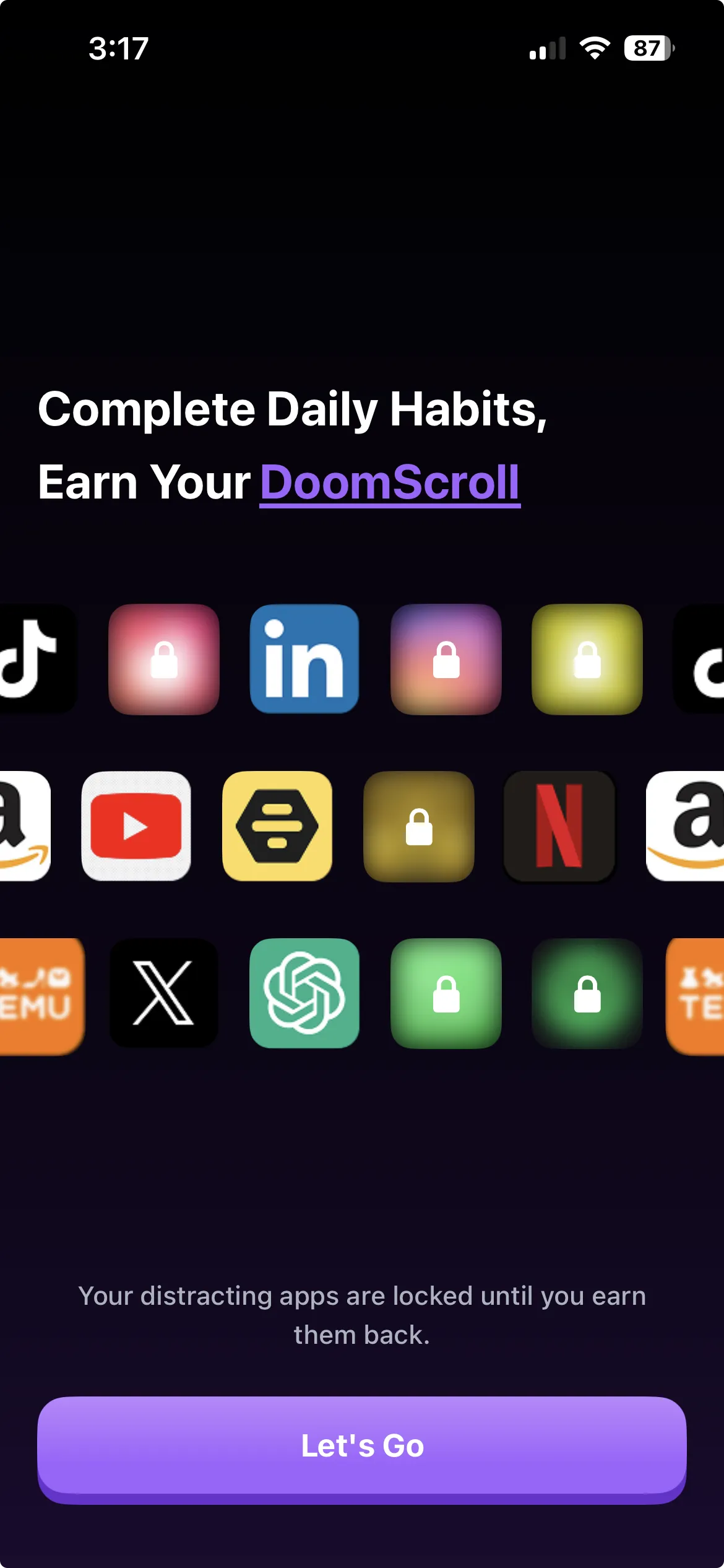 Habit Doom onboarding — choose which apps to lock