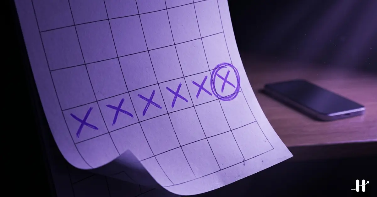 A calendar with hand-drawn purple X's marking consecutive days leading to a circled milestone X, with a phone lying face-down in soft focus, representing the daily decision behind real habit change