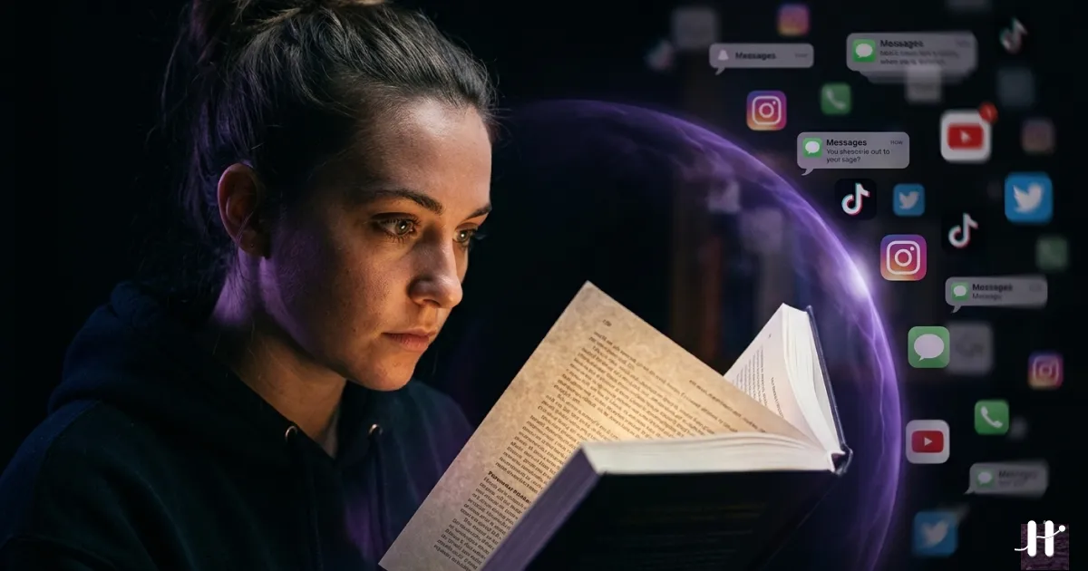Student focused on studying with distracting apps locked away, purple digital illustration