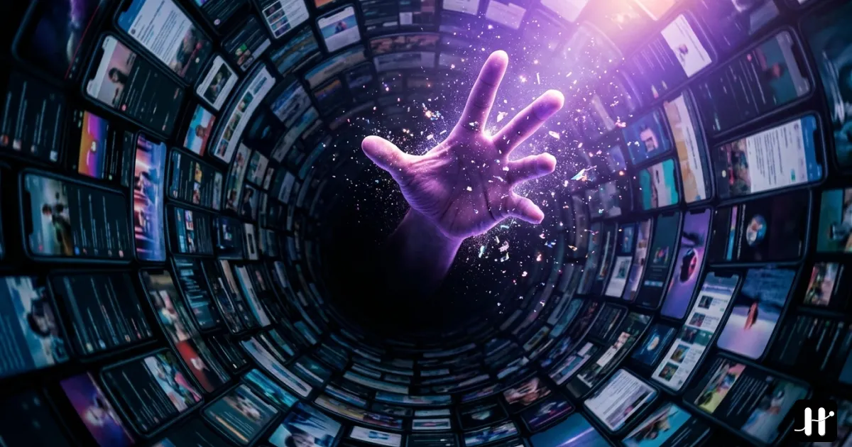 A hand reaching upward out of a spiral vortex of glowing smartphone screens, breaking free into purple light