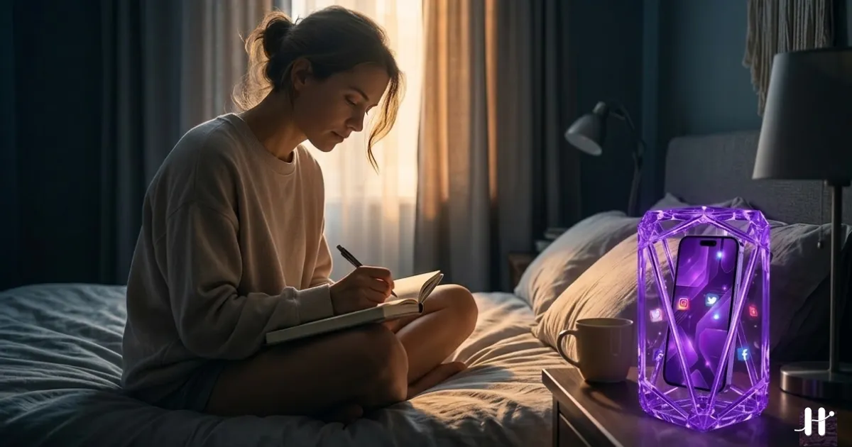 Morning scene with phone in purple crystal cage while person journals on bed