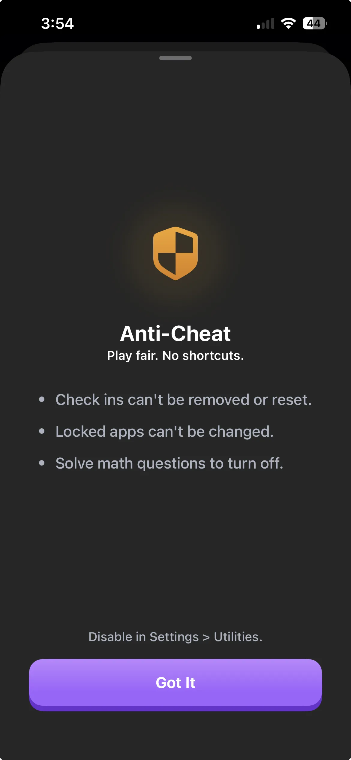 Habit Doom Anti-Cheat screen showing play fair no shortcuts message