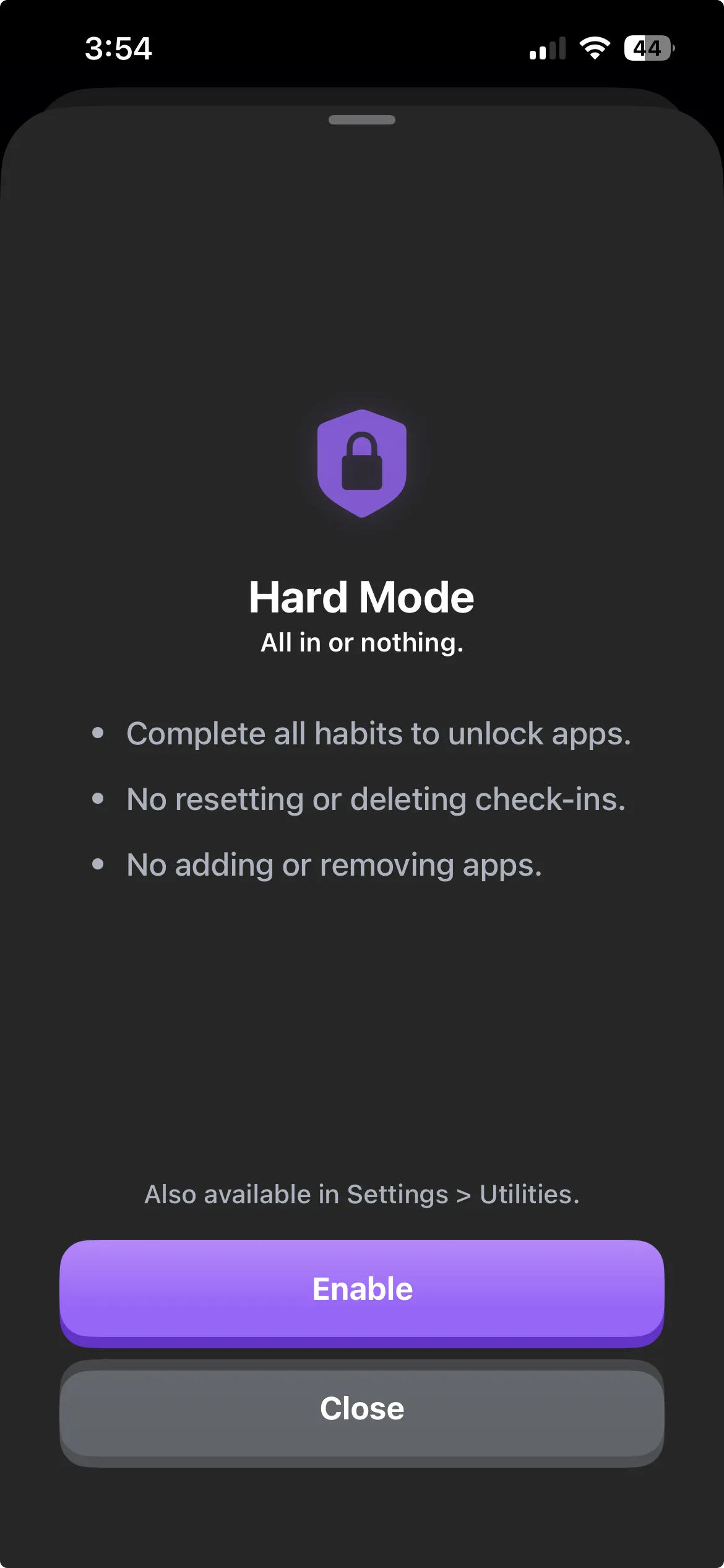 Habit Doom Hard Mode screen showing all-in-or-nothing mode activated