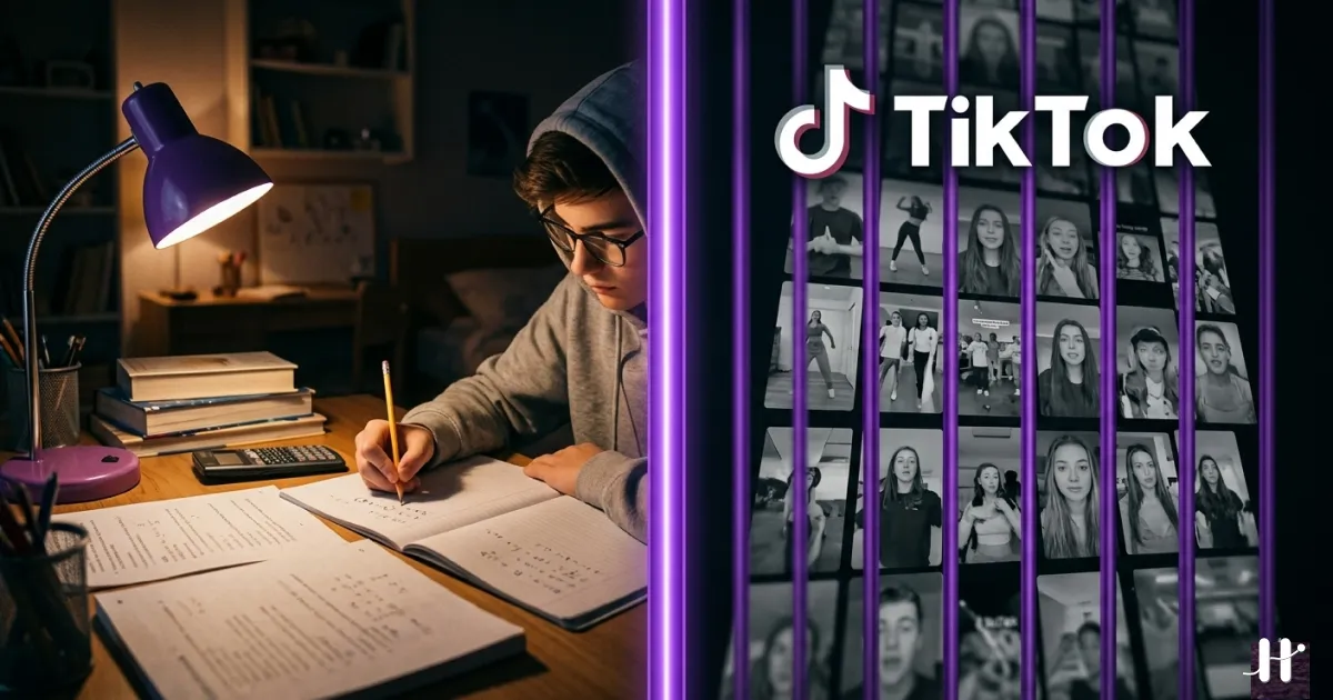 Student doing homework with TikTok locked on phone, purple-toned illustration
