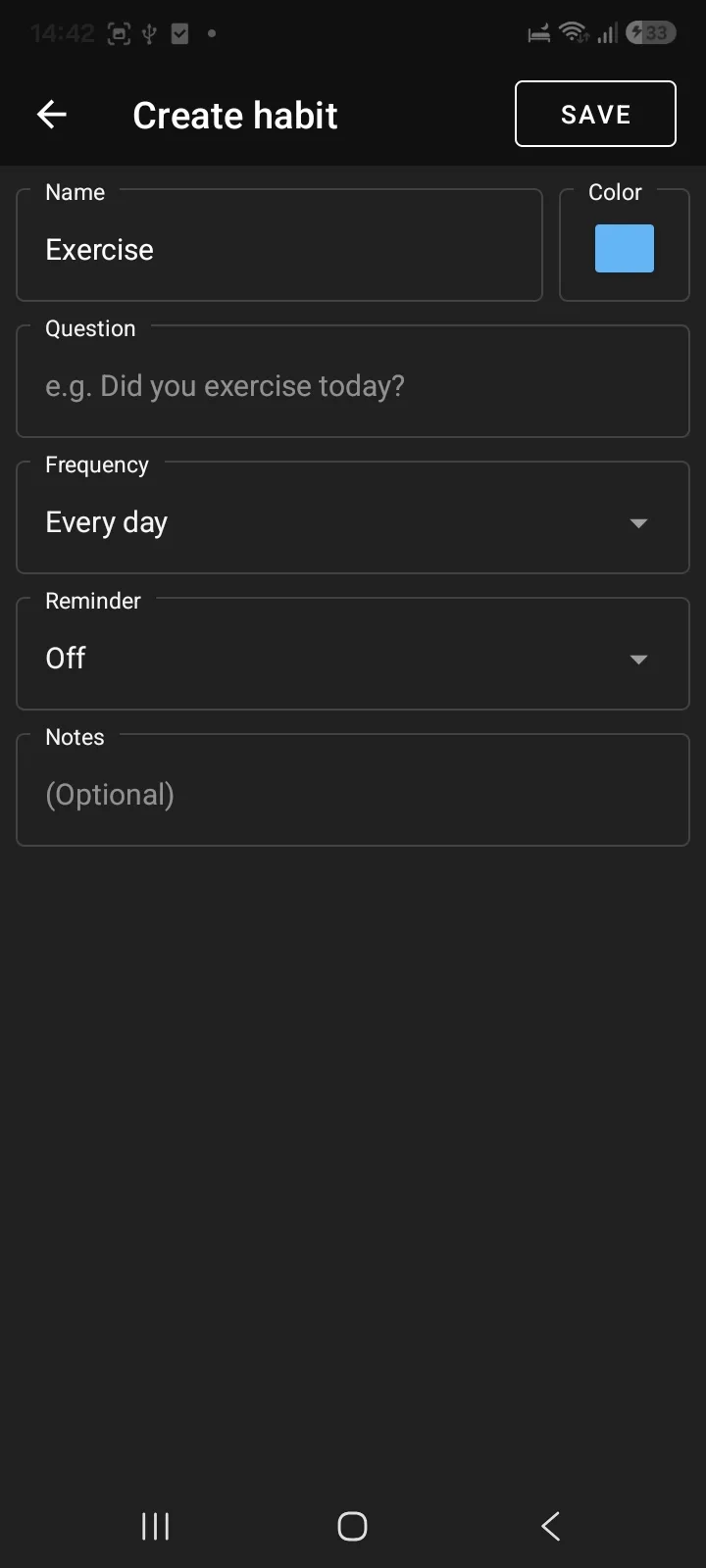 Loop Habit Tracker create habit screen with name, question, frequency and reminder