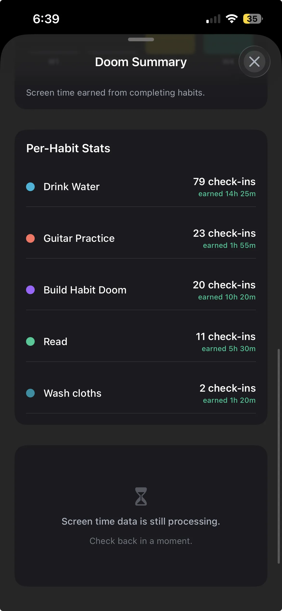 Doom Summary showing per-habit check-ins and earned screen time