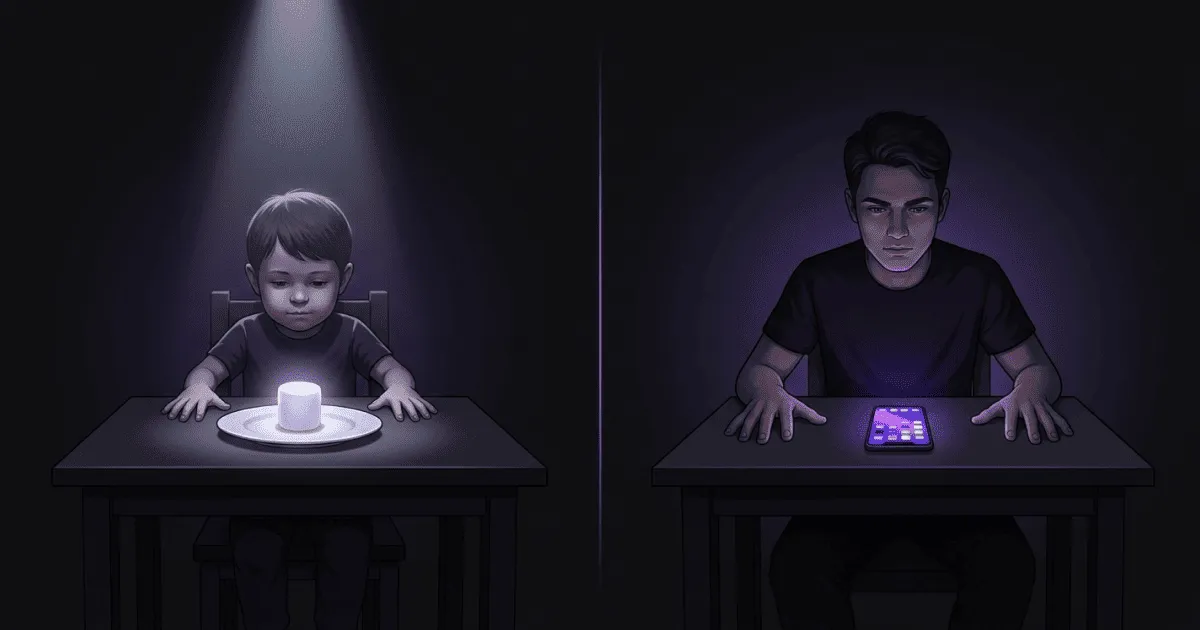 The modern marshmallow test: a child resisting a marshmallow vs an adult resisting a glowing smartphone