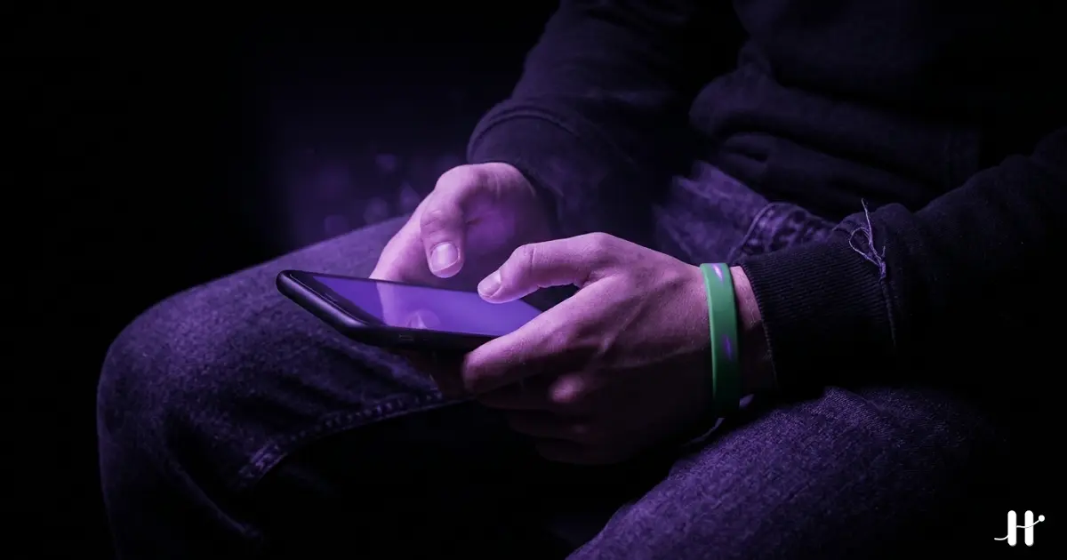 Close-up of hands cradling a phone in a person's lap with a green Mental Health Awareness silicone wristband visible on one wrist, the phone screen casting soft purple light onto the fingers in a dimly lit room