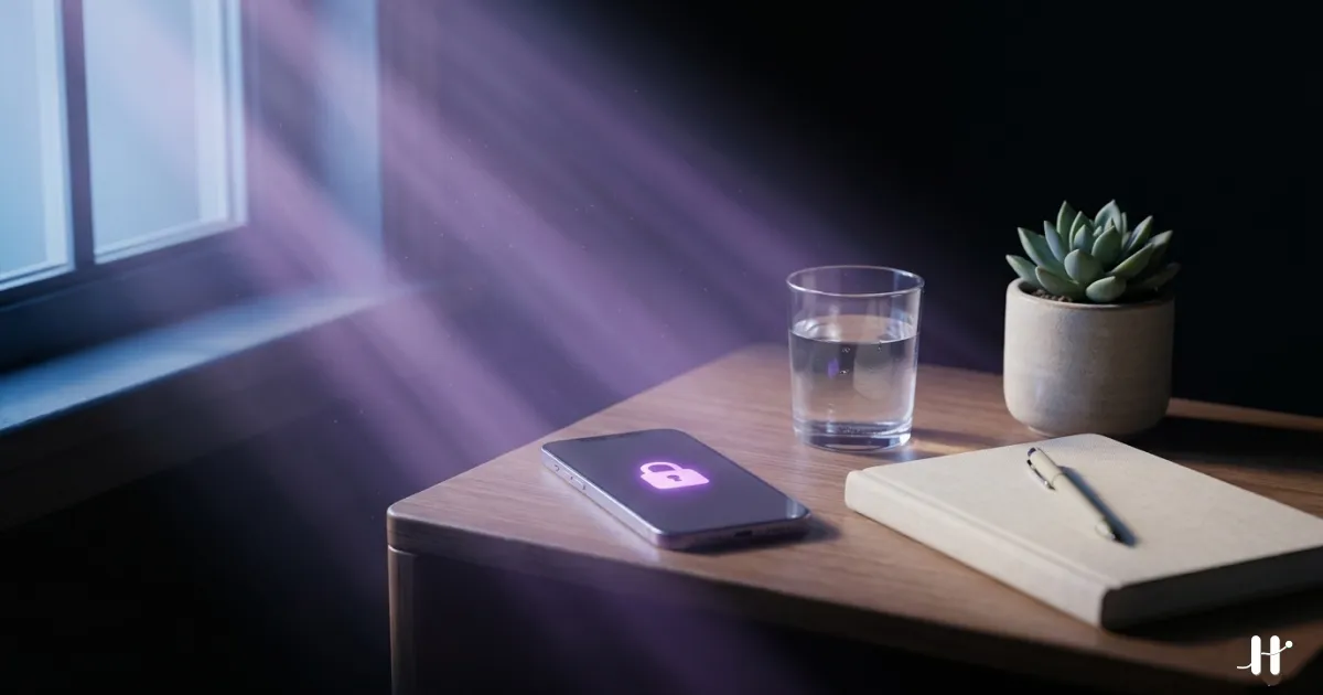 Minimalist bedside table with a phone face-down showing a purple lock icon, a glass of water, journal, and plant in morning light