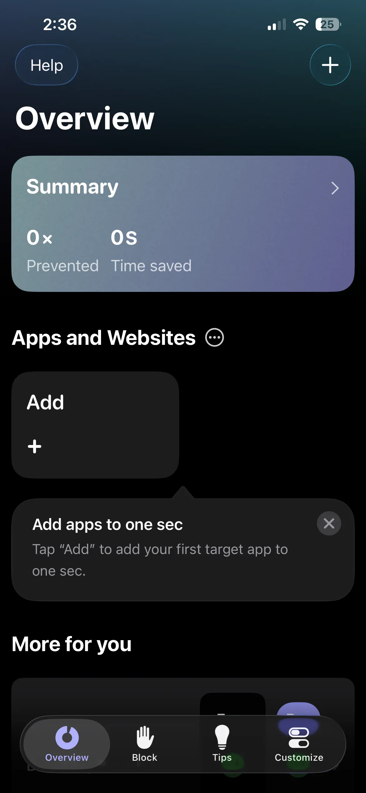 One Sec app home screen showing breathing intervention