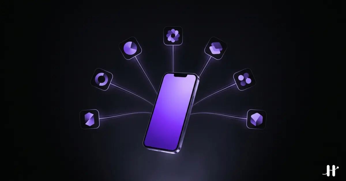 Seven app icons fanning out from a single Opal-style focus app, purple-tinted illustration