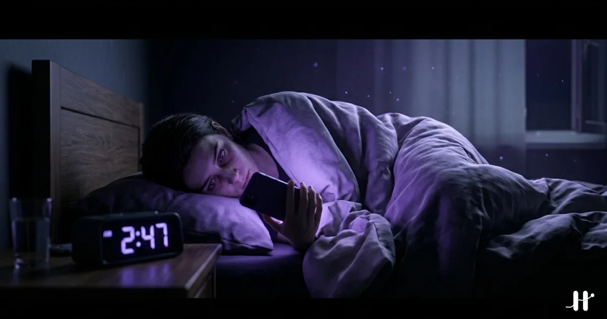 Twelve glowing dots arranged in a checklist over a dark phone silhouette, representing the 12-sign self-check for phone addiction