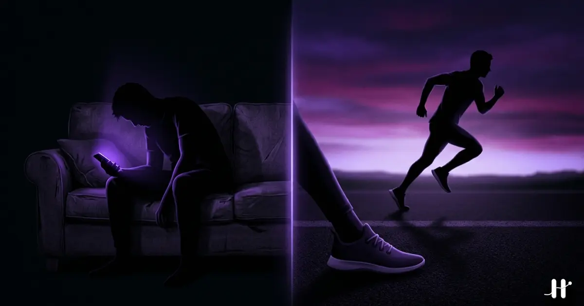 Split image: person scrolling phone on couch on left, same person running outside on right, purple gradient