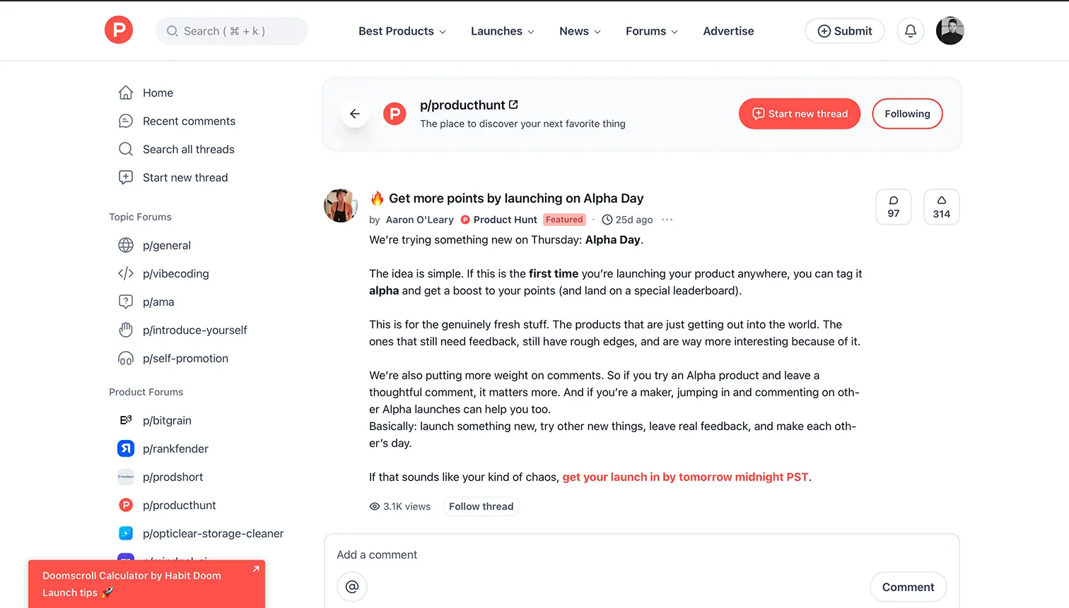 Product Hunt Alpha Day announcement explaining the points boost and reciprocity mechanics for first-time launches
