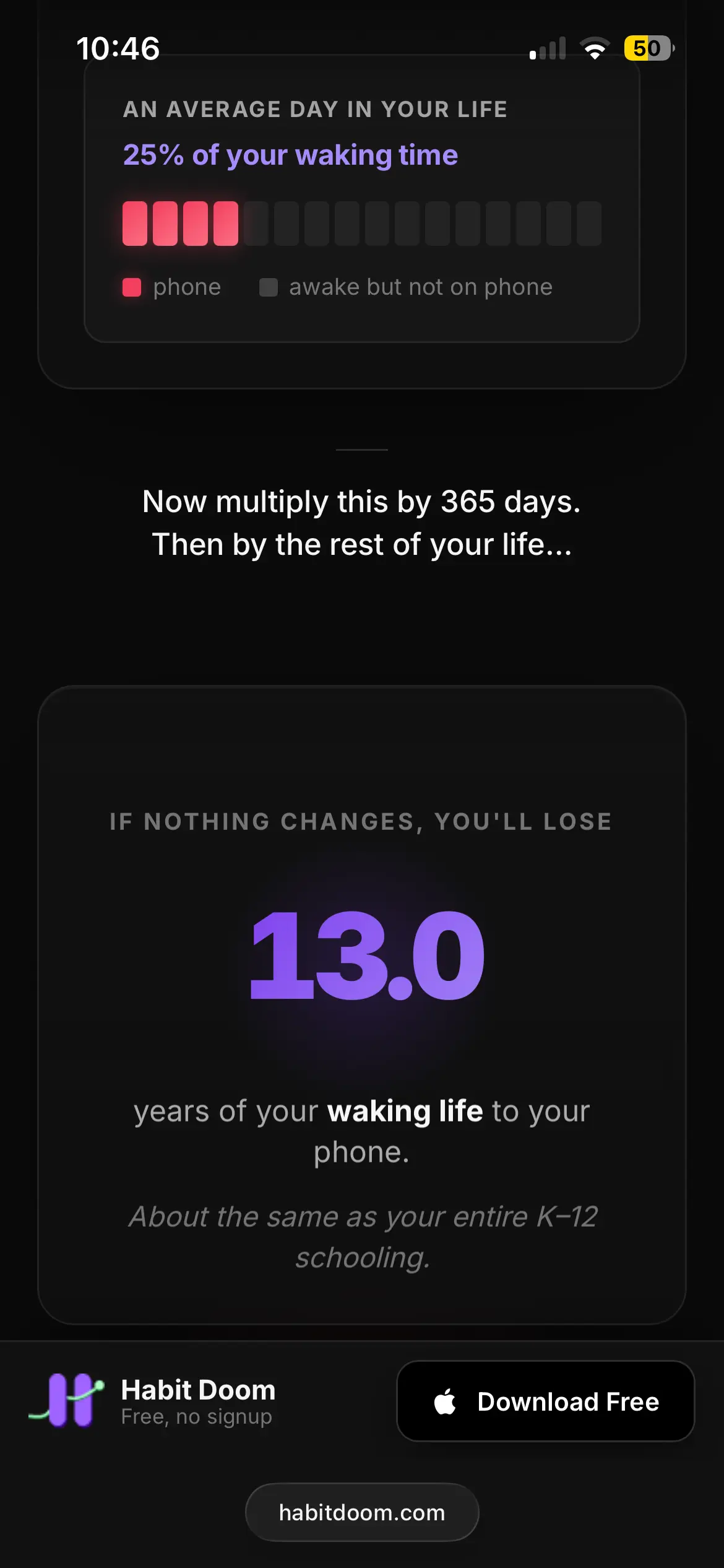 Doomscroll Calculator result section showing total years lost to screen time