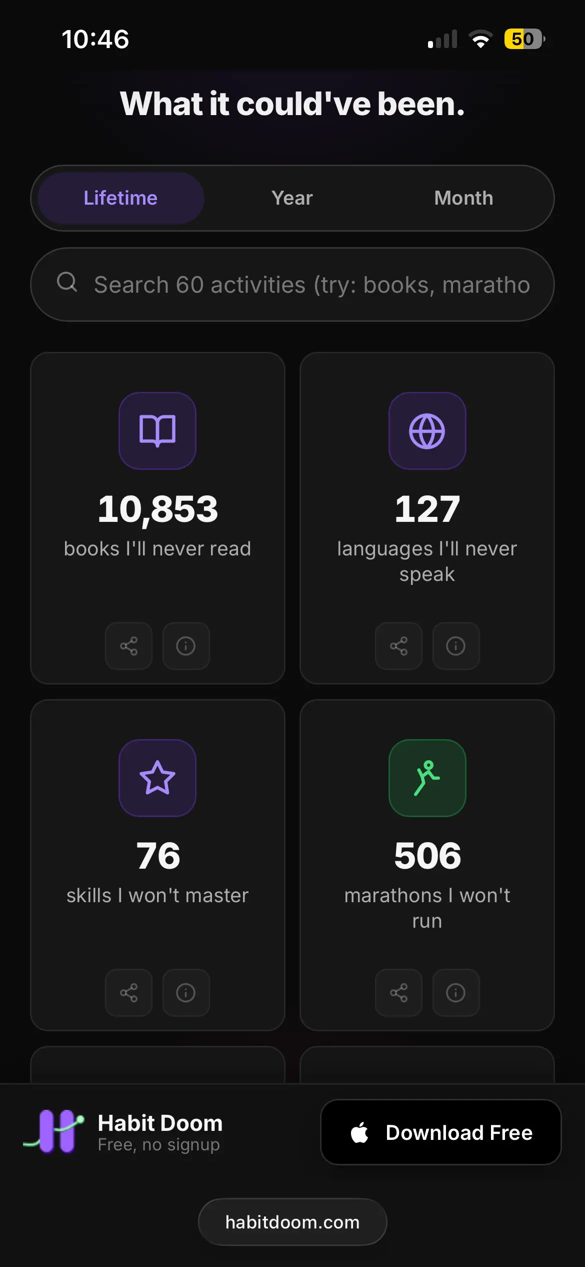 Doomscroll Calculator activity grid — 60 specific things you'll miss including books, marathons, languages