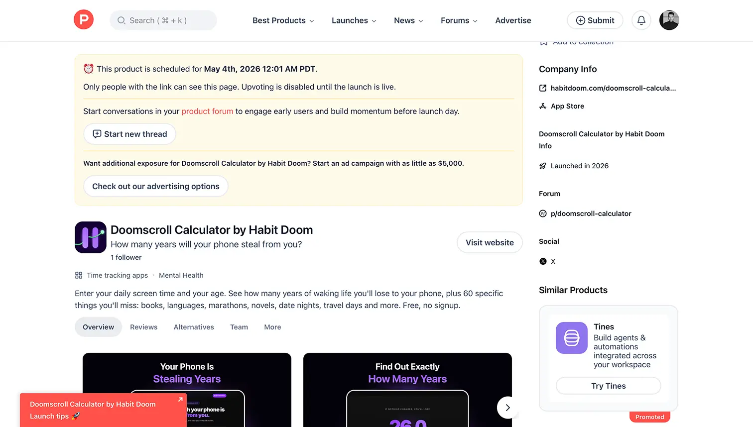 Doomscroll Calculator Product Hunt listing for May 4 launch