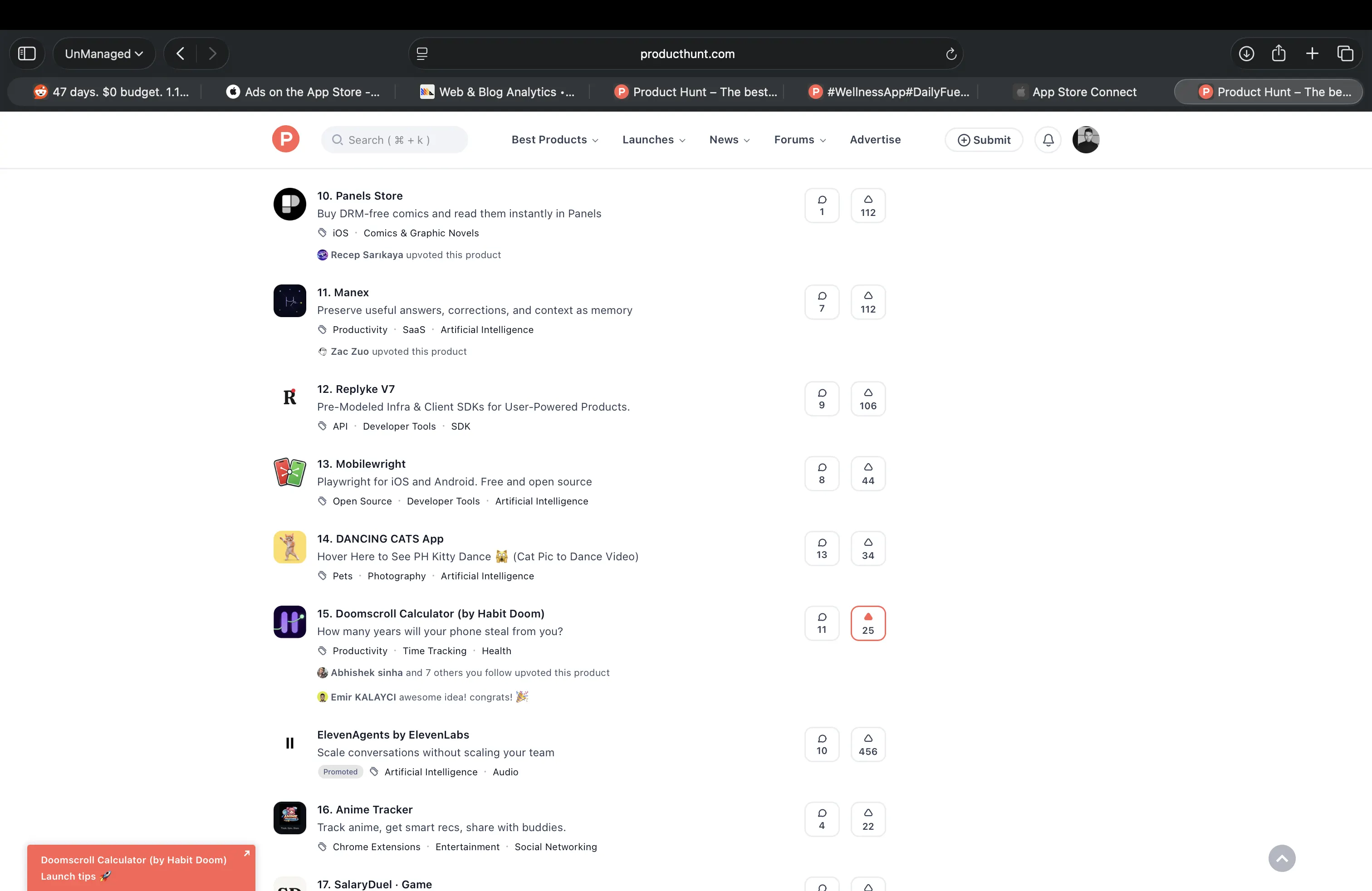 Product Hunt leaderboard rankings 10-15 showing the upvote drop from 106 at #12 to 44 at #13 — the glass ceiling at the top 12 cutoff