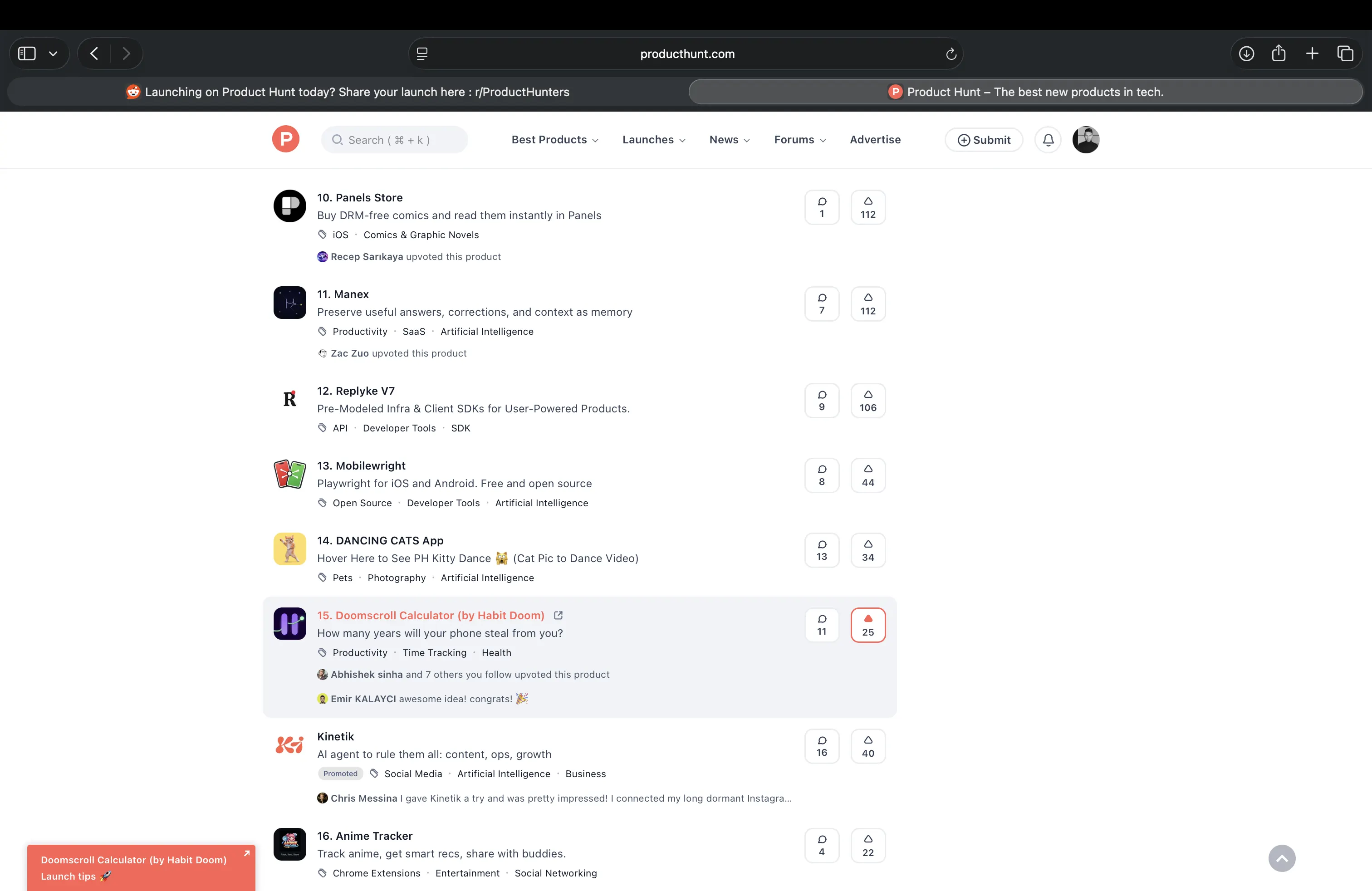 Product Hunt Launch Day dashboard showing 15th position, 25 points, and 11 comments for the Doomscroll Calculator