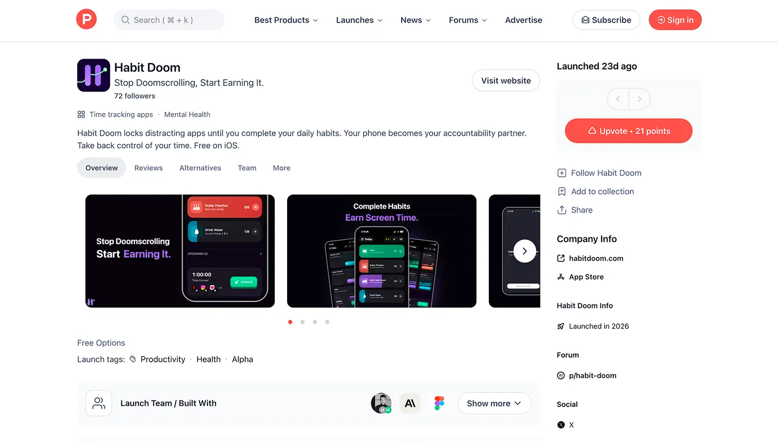 Product Hunt launch dashboard with 21 upvotes and 26 comments visible