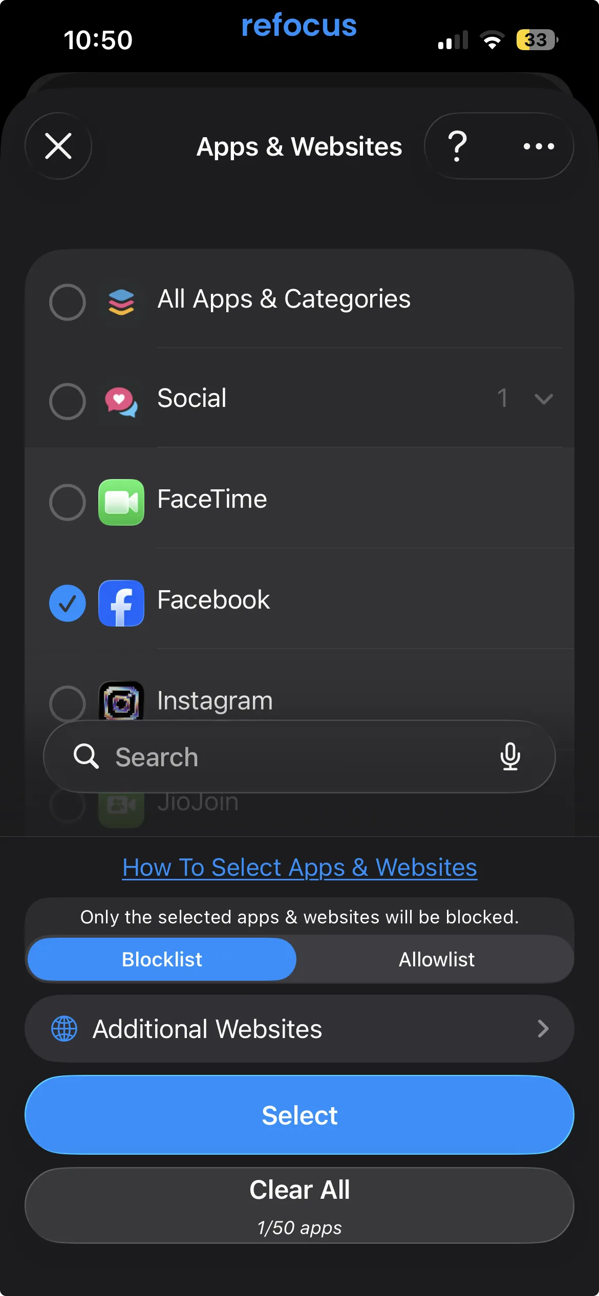 Refocus app and website picker with a blocklist or allowlist toggle
